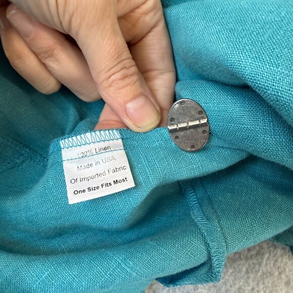 Itemz Chris Baumgartner One Size Button-Up Shirt Aqua Blue Linen Asymmetric Hem - Picture 4 of 12